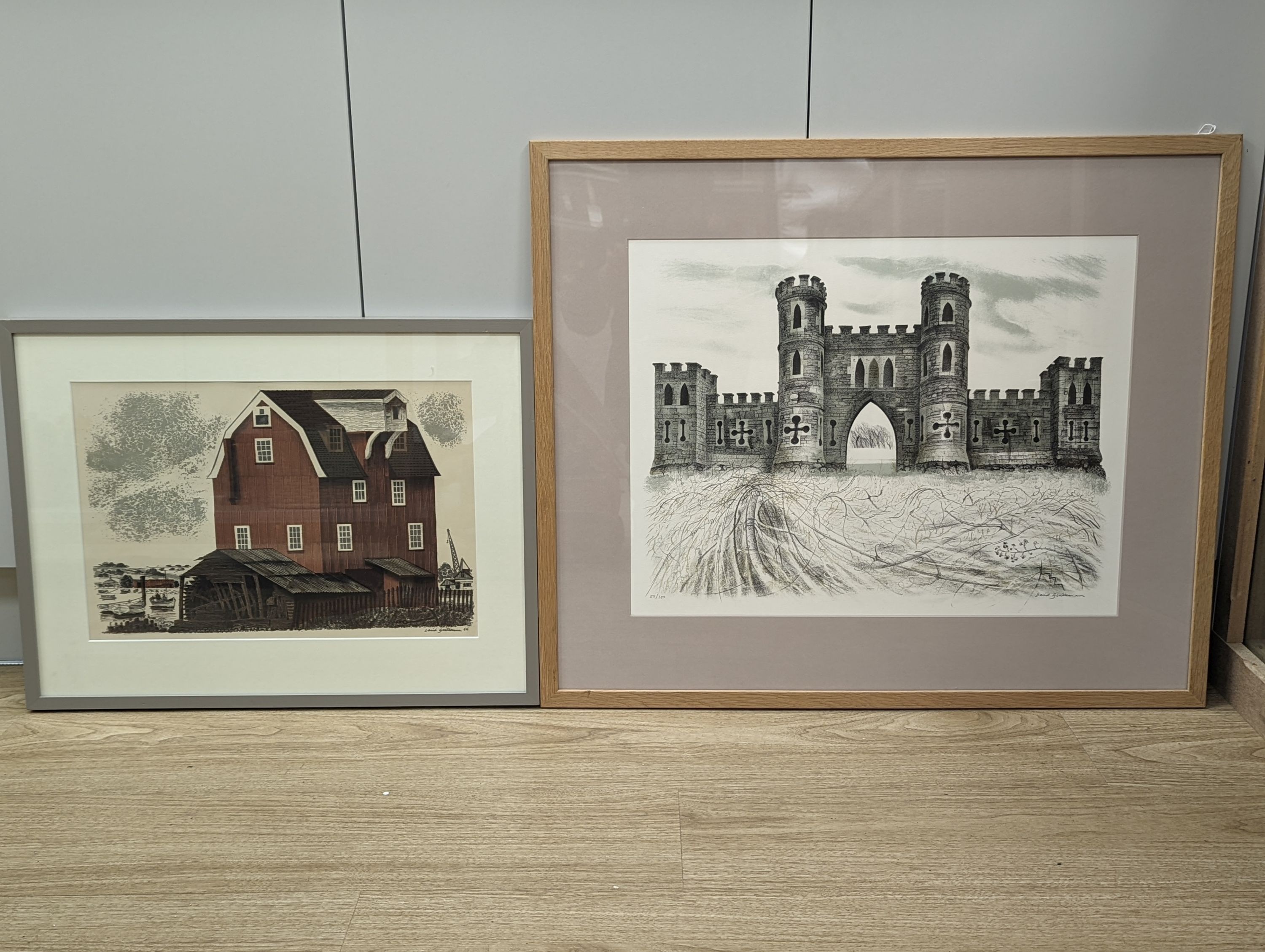 David Gentleman (b.1930), two lithographs, Sham Castle, 55/100 and Woodbridge Tidemill, both signed in pencil, largest 43 x 55cm